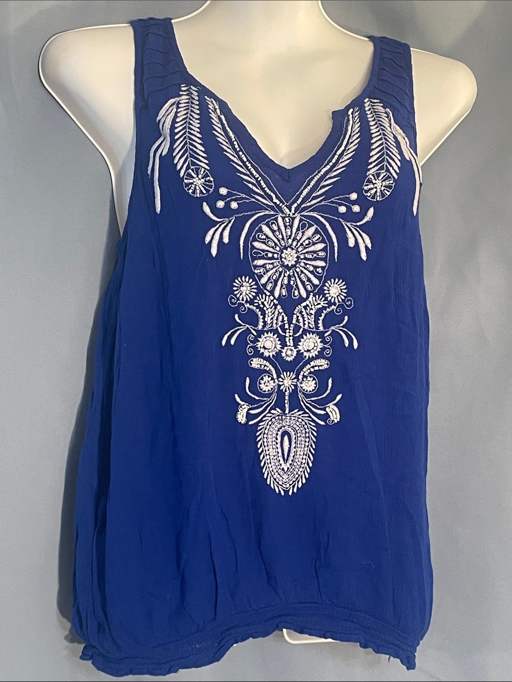 Anthropologie Royal Blue Tank with White Embroidered Front